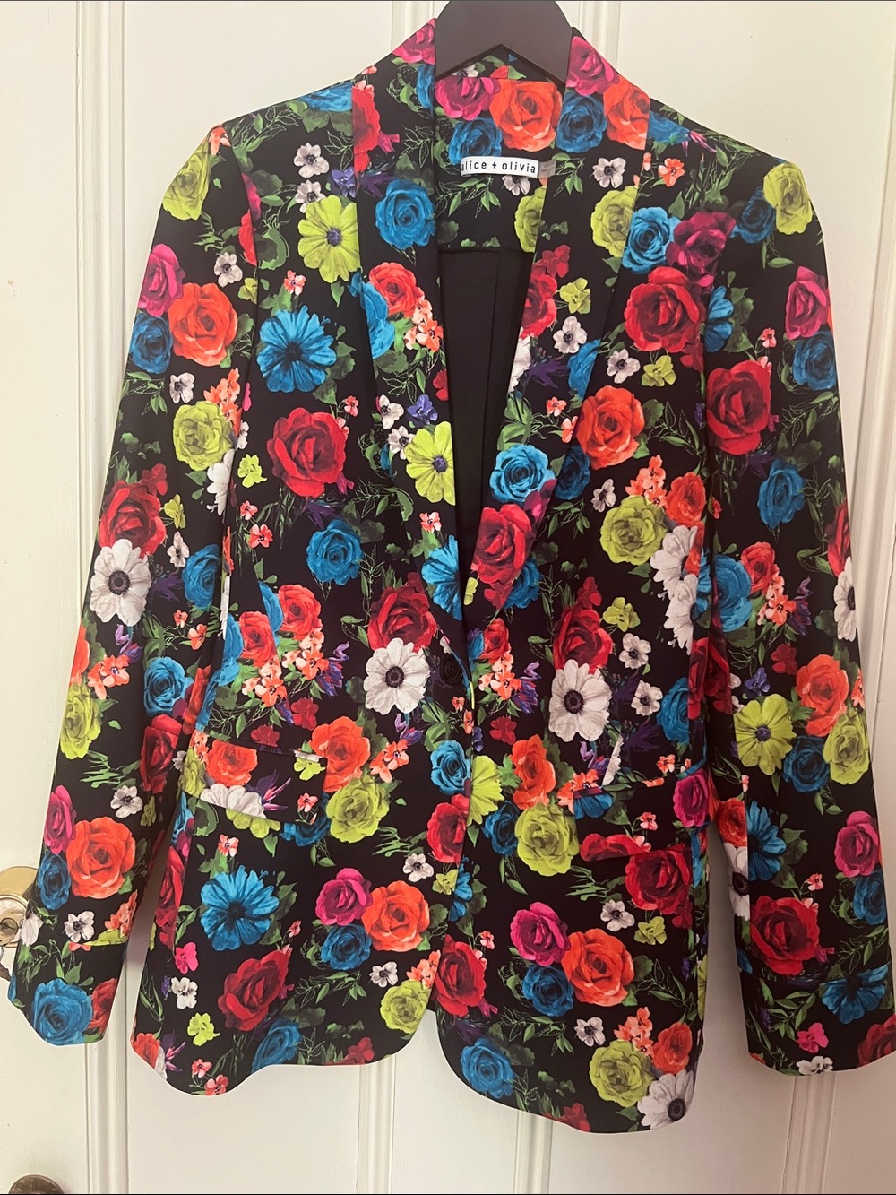 Alice + Olivia Black Blazer with Bright Multicolor Floral Print